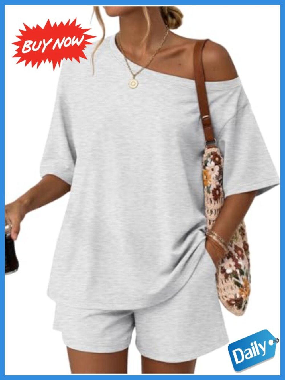 Women's 2 Piece Lounge Shorts Set, Off Shoulder Oversized Top, Rayon Spandex